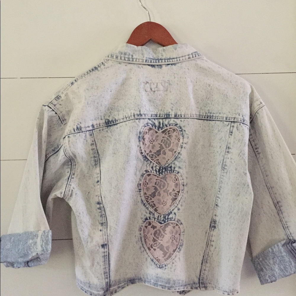 Vintage Denim Jacket acid wash with pink lace